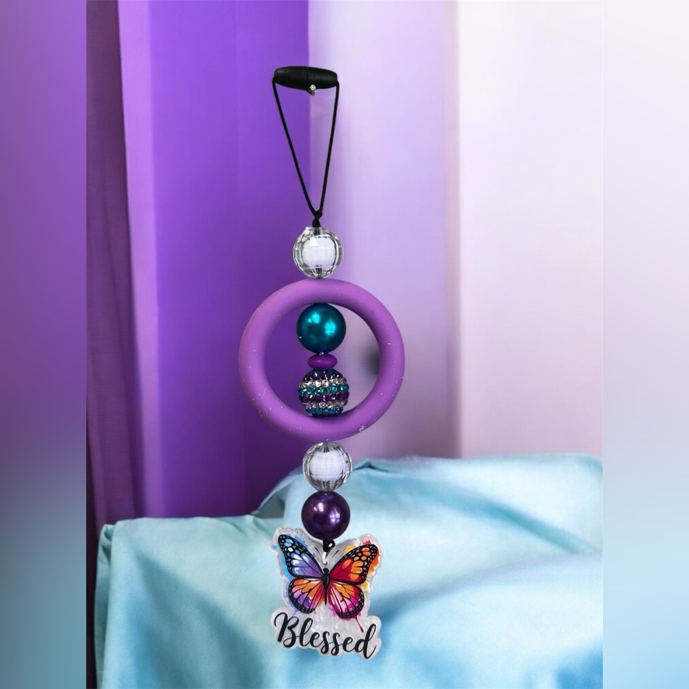 Purple Beaded Pendant Car Charm with Butterfly Charm